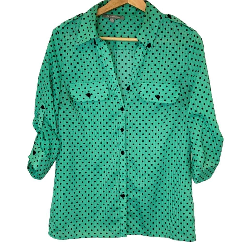 Women's NY Collection Green and Black Polka Dot Blouse Size Small - Picture 1 of 3